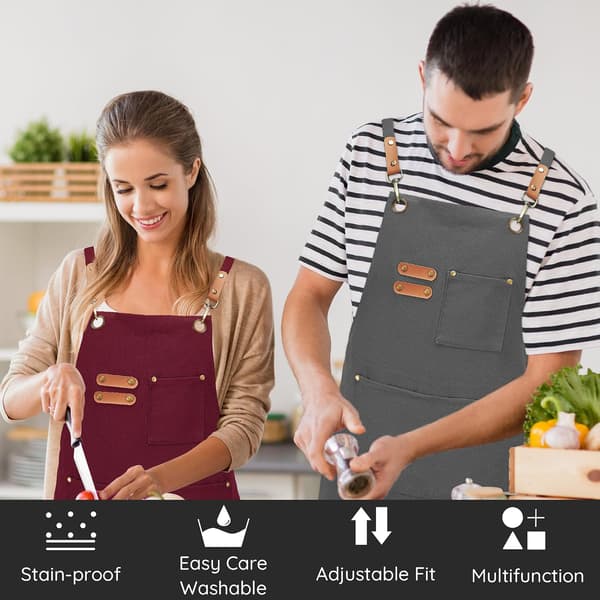 Grått arbeidsforkle i kanvas for menn og kvinner, 3 lommer, kryssryggstropper Canvas Aprons, Waterproof
