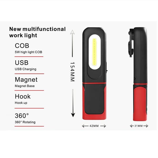 Oppladbar LED-arbeidslampe Magnetisk krok 3 moduser Vanntett USB-lading 7t