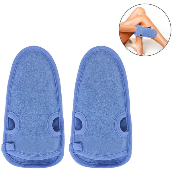 Blå badskrubbvante med fingerhål, 2 st. Två ljusblå ovala skrubbvantar med fingerhål, 2 st.