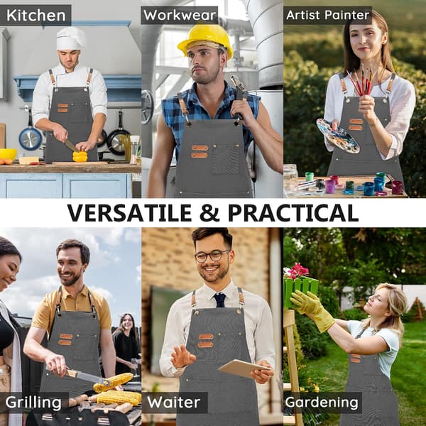 Grått arbeidsforkle i kanvas for menn og kvinner, 3 lommer, kryssryggstropper Canvas Aprons, Waterproof