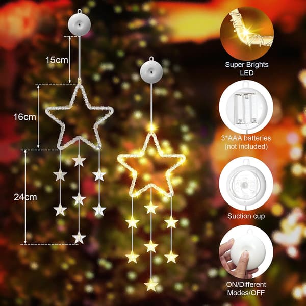 LED-stjerner julelys, pakke med 2 stjernevinduslys, varmhvit, batteridrevet med timer, 8 moduser Pack of 2