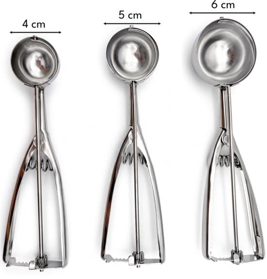 3-pakning iskremscoop i rustfritt stål, 4/5/6 cm