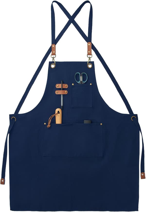 Blåt lærredsarbejdsforklæde til mænd og kvinder, 3 lommer, krydsrygsstropper Canvas Aprons, Waterproof