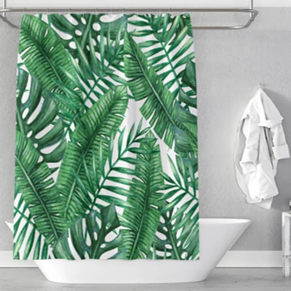 Dusjforheng 200x180cm Mørkegrønn Monstera Vanntett Muggresistent Polyester 12 Kroker
