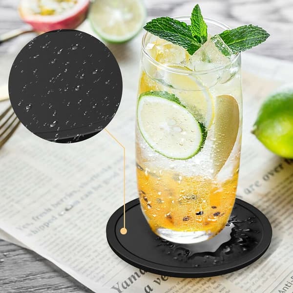 Silikone Coasters 12 stk. Rillede Runde Sorte 10x0.5cm Kaffe Øl Drikkevarer