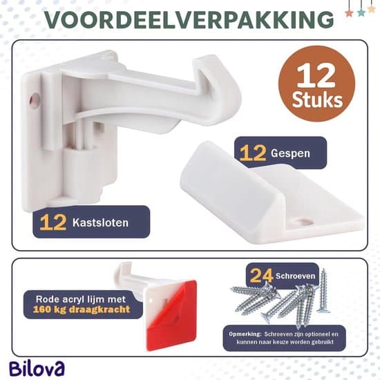 12-pack barnsäkerhetsskåpslås, vit, självhäftande, 160 kg lastkapacitet