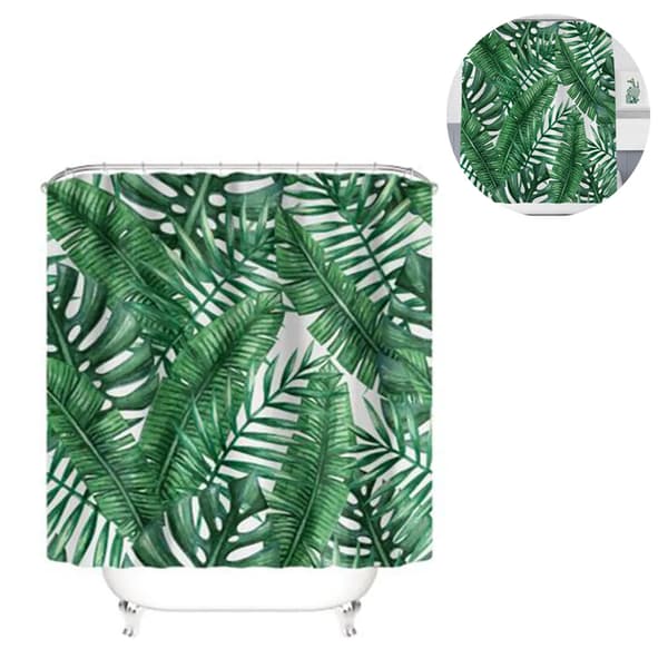 Dusjforheng 200x180cm Mørkegrønn Monstera Vanntett Muggresistent Polyester 12 Kroker