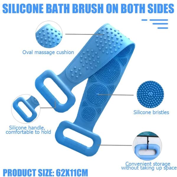 Silikone badebørste dobbeltsidet rygskrubber massager unisex blå foldbar