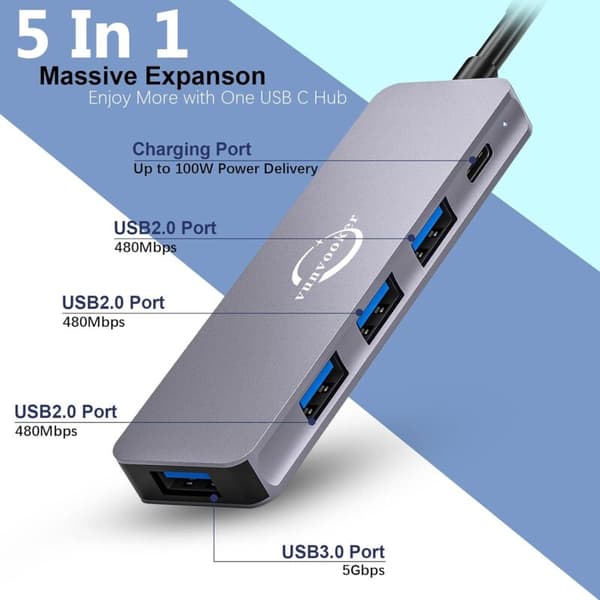 Aluminium USB-C 5-i-1 Hub 100W PD-lading USB 3.0 og 3×USB 2.0 Kompatibel med bærbare datamaskiner