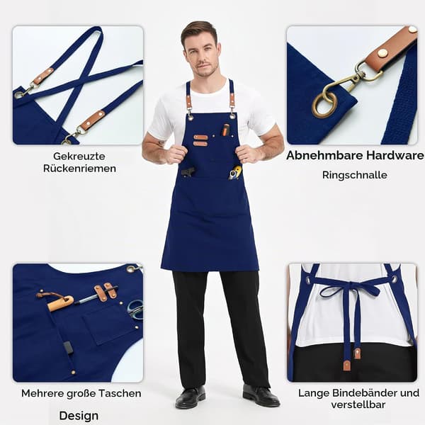 Blåt lærredsarbejdsforklæde til mænd og kvinder, 3 lommer, krydsrygsstropper Canvas Aprons, Waterproof