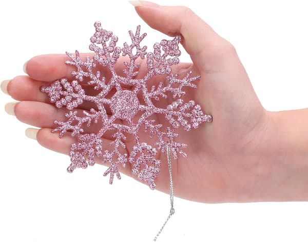 12 stk - Jule snøfnuggdekorasjon, glitrende snøfnuggpynt, festdekorasjon (Rosa, 10 cm) roze