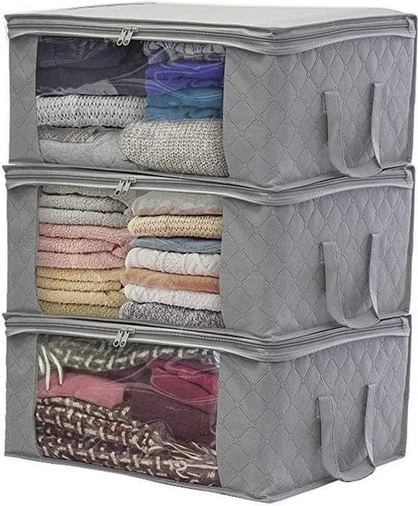 Vikbara klädförvaringsväskor 3-pack Nonwoven Dragkedja för täcken Kläder Under sängen Grå