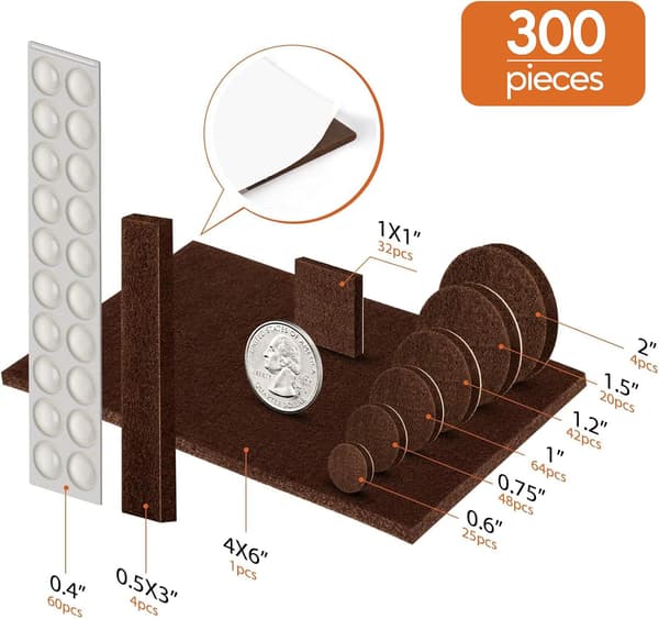 300-pakning brune møbelfiltputer, assorterte selvklebende størrelser 300 pcs