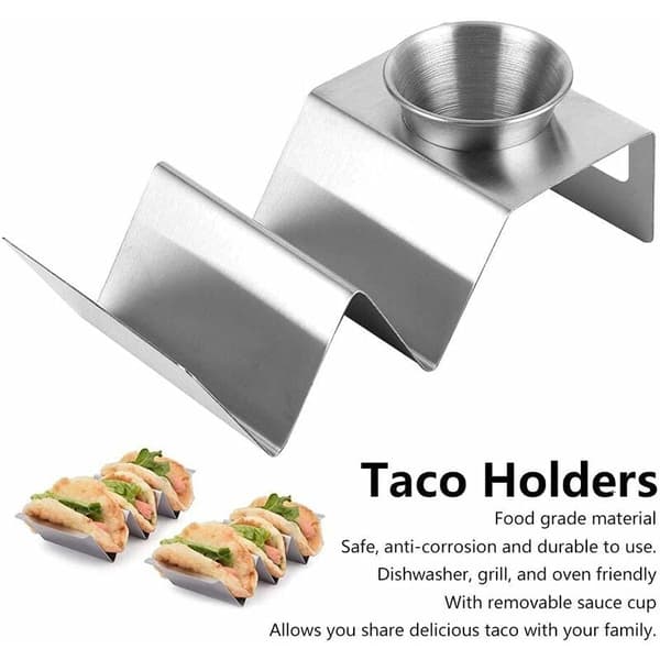 Taco-holder i rustfrit stål med saucekop, 2-spors tortillastativ til festservering, 1 stk.