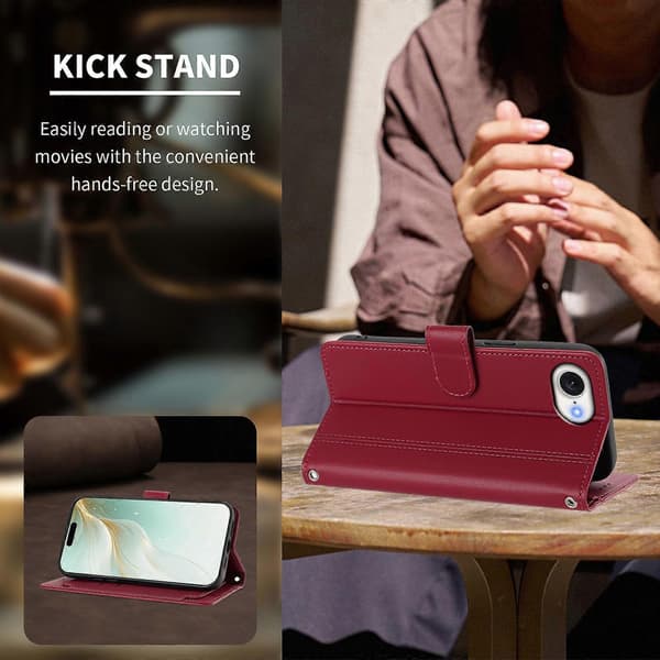 Pung etui kompatibel med iPhone 16e / 17e, 9 kortpladser, PU læder, flip stander, 16 cm rem Compatible For iPhone