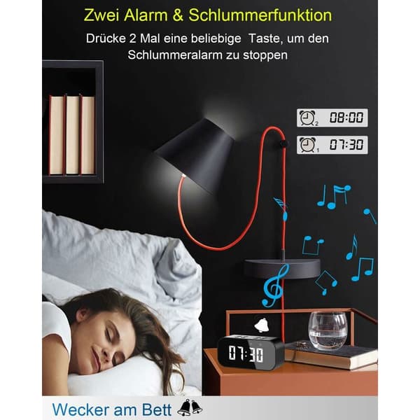 Bluetooth-högtalare Digital väckarklocka LED-spegeldisplay Dubbla larm Dimbar, Svart