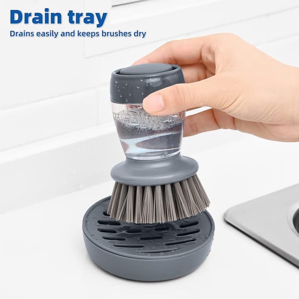 Diskborste med tvåldispenser, 2 diskborstar och avrinningsbricka för diskho och köksredskap Dish Scrubber Brush