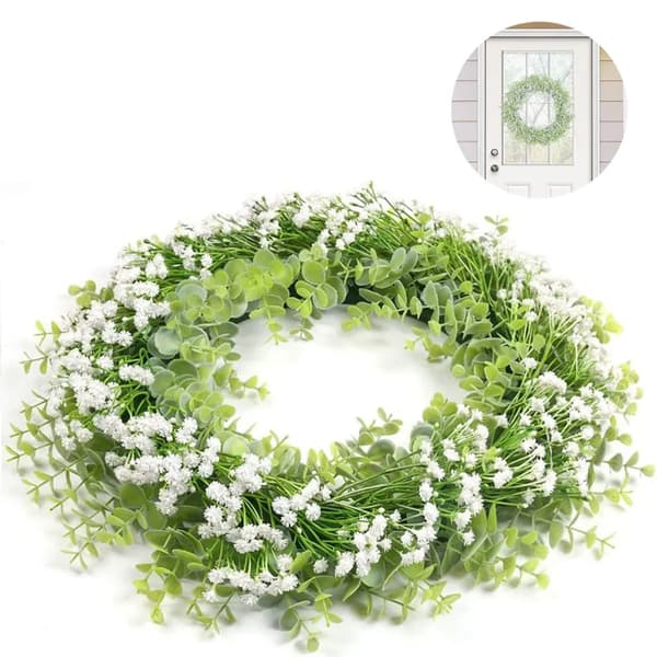 40 cm konstgjord eukalyptus och brudslöja krans grön vit dörr vägg bröllopsdekoration