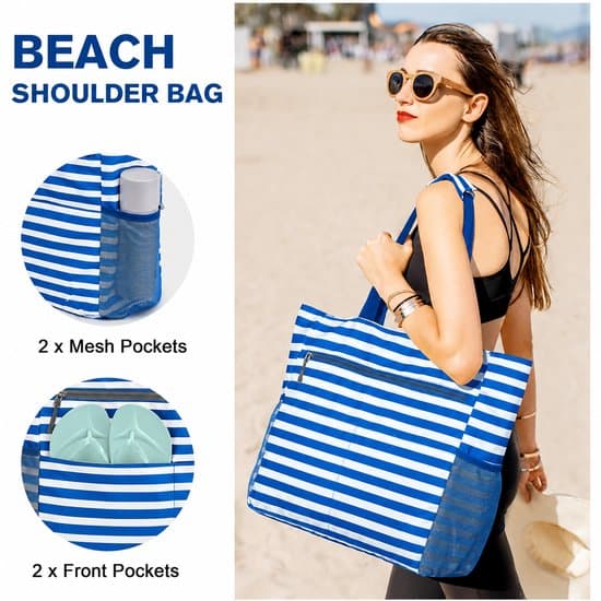 Strandveske for kvinner, 50L, vanntett og sandtett, blåstripet, sammenleggbar