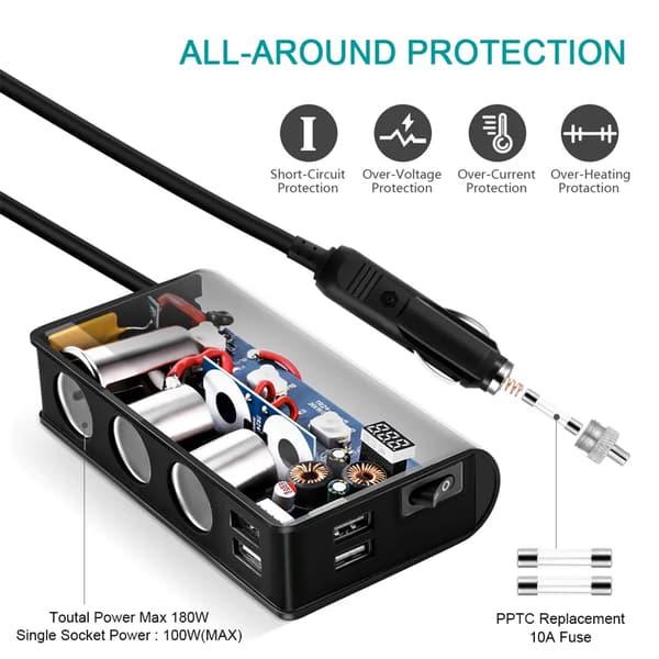 3-stik bil cigarettænder splitter med 4 USB-porte 12/24V ca. 200W total effekt sort telefon tablet GPS