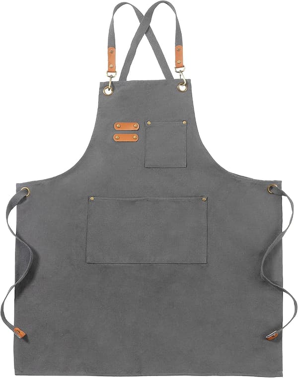 Grått arbeidsforkle i kanvas for menn og kvinner, 3 lommer, kryssryggstropper Canvas Aprons, Waterproof