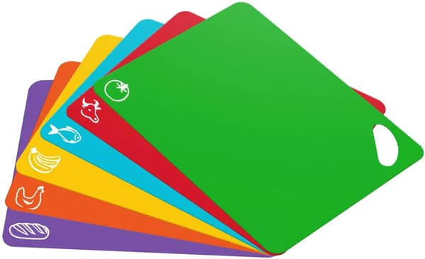 Ekstra tykke, fleksible skjærematter i plast med matsymboler, vaffelbakside, tåler oppvaskmaskin, 6 deler