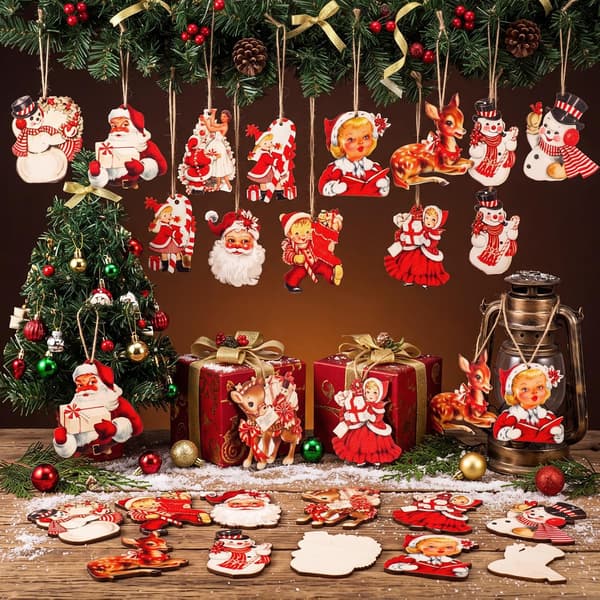 36 st vintage julgransprydnader, klassiska, röd vit 36 pcs