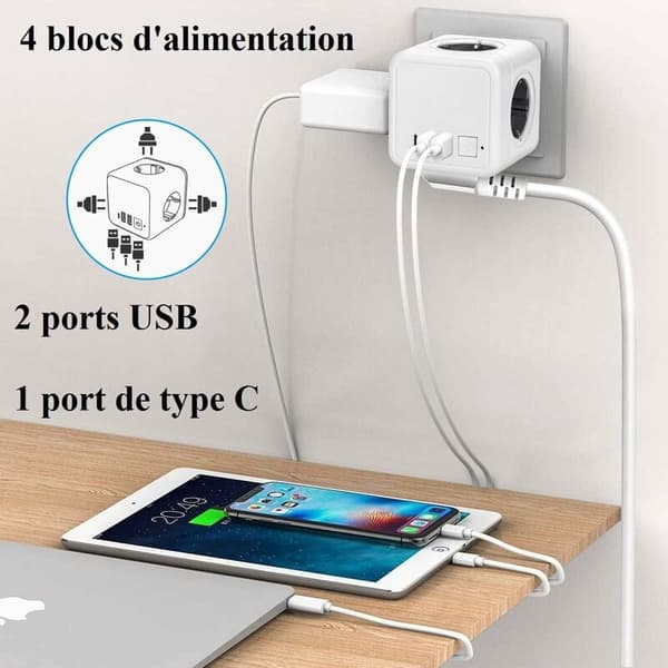 EU kubevegguttaksadapter 4 uttak USB-A + Type-C med bryter hvit