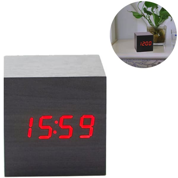 Kubformad LED Digital Väckarklocka i Trä Stil 2 6×6×6 cm Tid Temp Datum 3 Larm USB/Batteri 1 st
