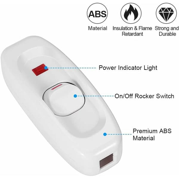 Inline sladdströmbrytare med LED-indikator vit, fulla kopparkontakter för lampsladdar under 6 mm, 5-pack