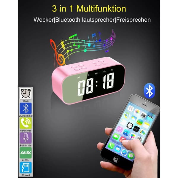 Bluetooth-högtalare Digitalt larm LED-spegeldisplay Dubbla larm Snooze Dimbar Handsfree-samtal Rosa