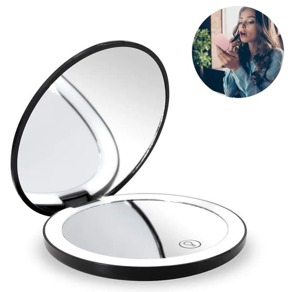 Bærbart Dobbelt Makeup Spejl LED 1X/3X Forstørrende Sort Foldbart Rejse Vanity