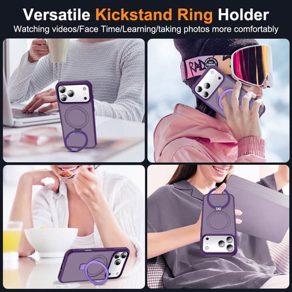 Kompatibel med iPhone 17 Pro-deksel med stativ, lilla, magnetisk ringstativ SKYLMW Compatible with