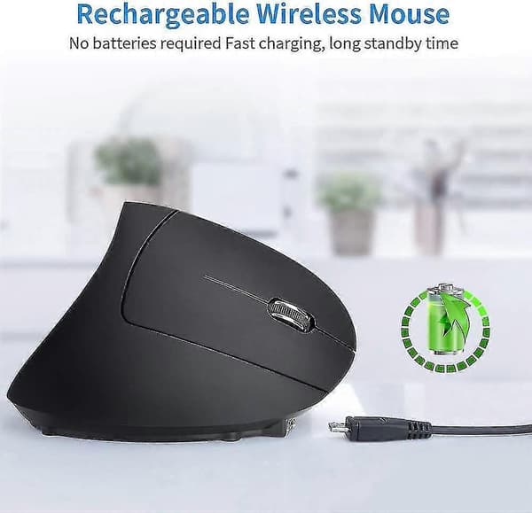 Sort Ergonomisk Vertikal Trådløs Mus, Genopladelig, 2.4G Bluetooth USB, 6 Knapper Ergonomic Vertical Wireless