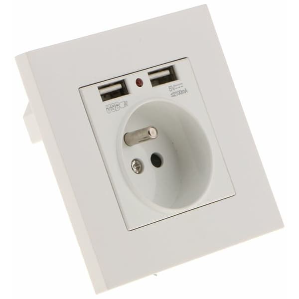 EU Innfelt Vegguttak Dobbel AC Med Dobbel USB 5V/2.1A 86mm Panel Uten Bryter