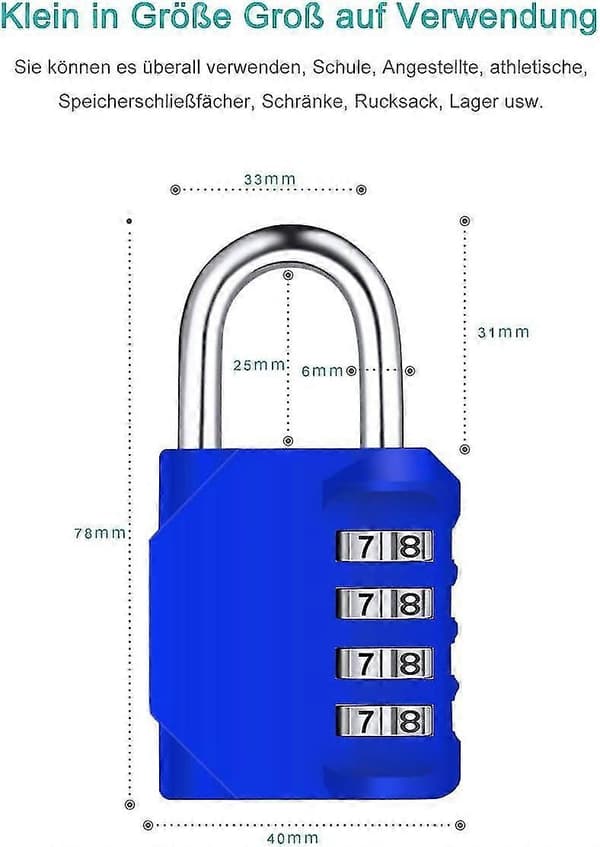 2-pakning 4-sifrede kombinasjonshengelåser, kongeblå, 43×49,5 mm, 6,3 mm bøyle 2-pack 4-digit Combination