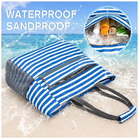 Strandveske for kvinner, 50L, vanntett og sandtett, blåstripet, sammenleggbar