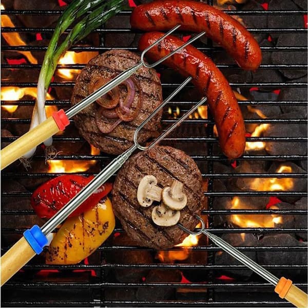8 x uttrekkbare grillspyd i rustfritt stål med trehåndtak 31-82 cm for marshmallows, bål, grilling