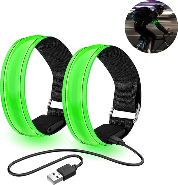 Uppladdningsbara LED-armband för löpning, 2-pack, reflekterande säkerhetsljus, blinkande, fast sken, USB