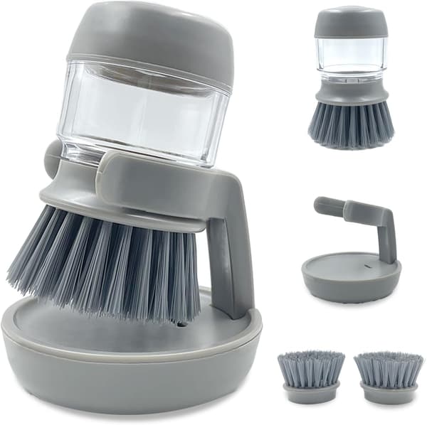 Grå såpedispenserende oppvaskbørste med oppbevaringsstativ, 9 x 9 x 13 cm, for vask og kokekar Soap Dispenser with