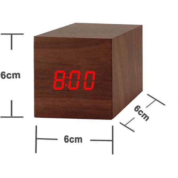 Kubformad LED Digital Väckarklocka i Trä Stil 6 6×6×6 cm Tid Temp Datum 3 Larm USB/Batteri 1 st