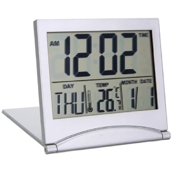 Vikbar bärbar skrivbords digital LCD-display termometer kalender väckarklocka, digital väckarklocka batteridriven för resor med datum