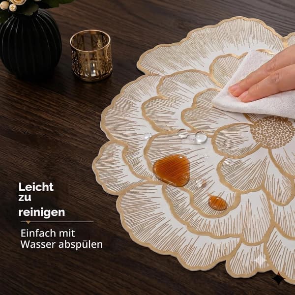 Sæt med 6 guldfarvede blomster PVC runde dækkeservietter, 38 cm 6 pcs