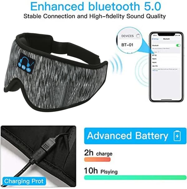 Bluetooth Sovehovedbånd 1 stk 45x11cm Åndbart Vaskbart Sidesover Sport Sort