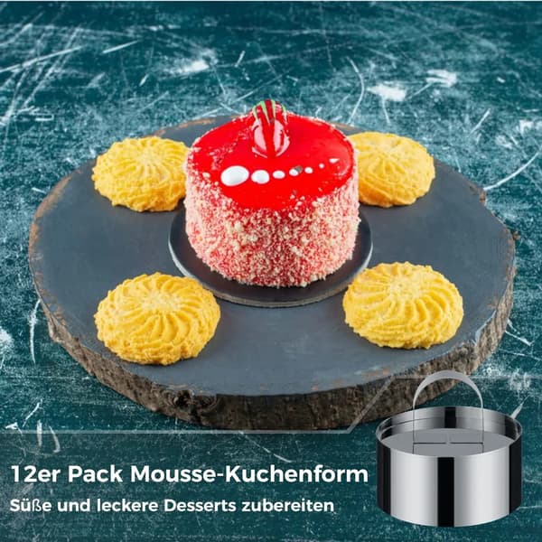 Dessertringar i rostfritt stål, 12 st, kakmousseformar 8 cm diameter med tryckare