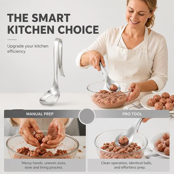 Kjøttbolleskje i rustfritt stål, manuelt matformingsverktøy, stil 1 Creative Meatball Tool,
