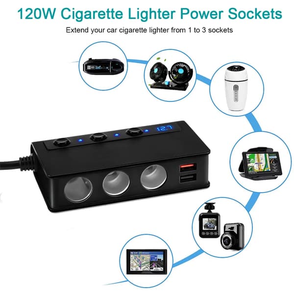 3-stik bil cigarettænder splitter med 4 USB-porte 12/24V ca. 200W total effekt sort telefon tablet GPS
