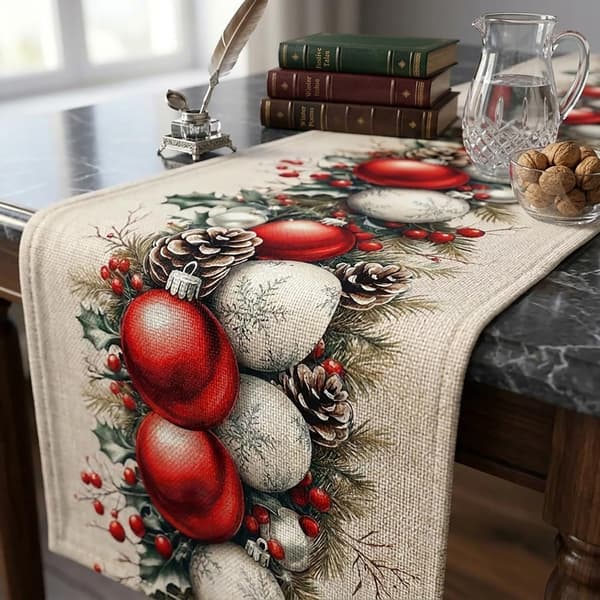 Julebordløber 13 x 72 tommer, julebordsdekoration med julekugle- og grankogle-design Christmas Table Runner