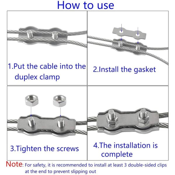 M4 Duplex Wire Rope Clips 6 stk. 304 rustfrit stål til 4 mm kabel tørresnor solsejl fastgørelse