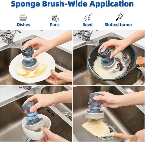Diskborste med tvåldispenser, 2 diskborstar och avrinningsbricka för diskho och köksredskap Dish Scrubber Brush